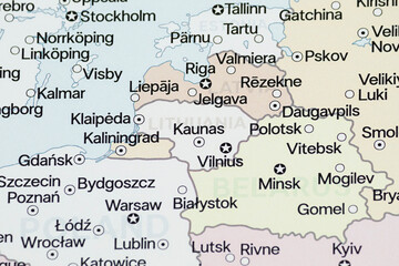Close up to a Lithuania political map with most important cities and country frontiers