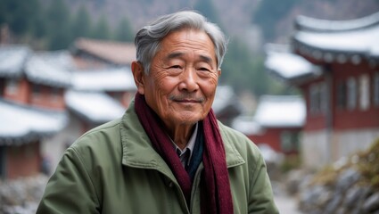 Obraz premium An elderly man with gray hair smiles warmly, wearing a green jacket and a maroon scarf, set against a scenic backdrop of traditional architecture.