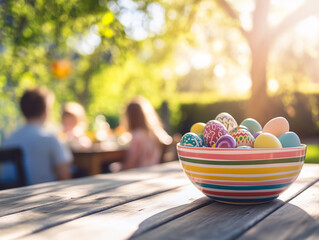 Colorful Easter eggs in a decorative bowl enjoyed by a family outdoors during spring