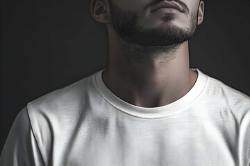 Fototapeta premium Close-up portrait of a man with a beard, showcasing his neck and throat, against a dark background