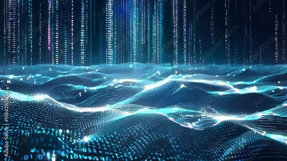Poster cyber data wave with blue binary code over digital landscape