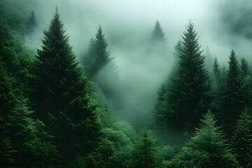 Fototapeta premium Enigmatic Forest Mist: Tranquil Evergreen Trees Swathed in Serene Fog