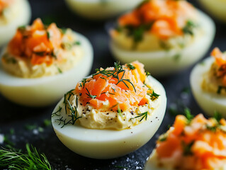 Deviled eggs topped with fresh salmon and herbs make a delicious appetizer for gatherings and events