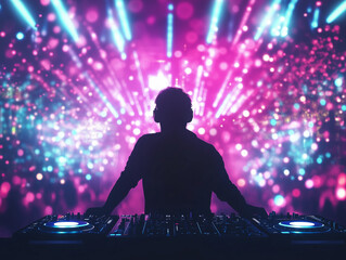 DJ creates an electrifying atmosphere with vibrant lights at a music festival in a lively urban setting