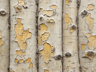 A weathered and flaky bark texture from a mature aspen tree, showcasing vertical cracks and a pale,...