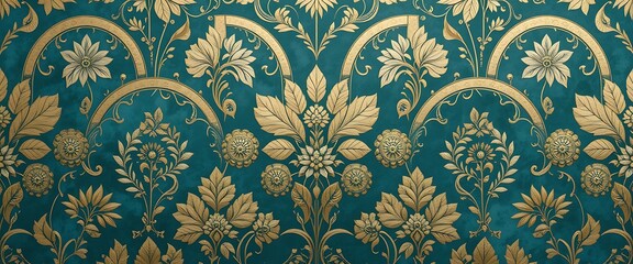 Fototapeta premium Ornate Gold Patterns on Blue Fabric with Floral Details