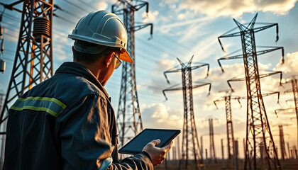 Back view of Manager Engineering in standard safety uniform working inspect the electricity high voltage pole