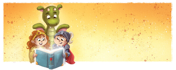 Illustration of children and dragon with book of Sant Jordi