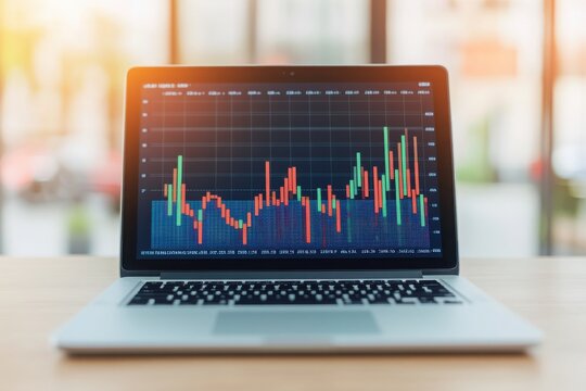 A laptop displaying stock market data with colorful graphs, representing financial analysis and trading strategies.