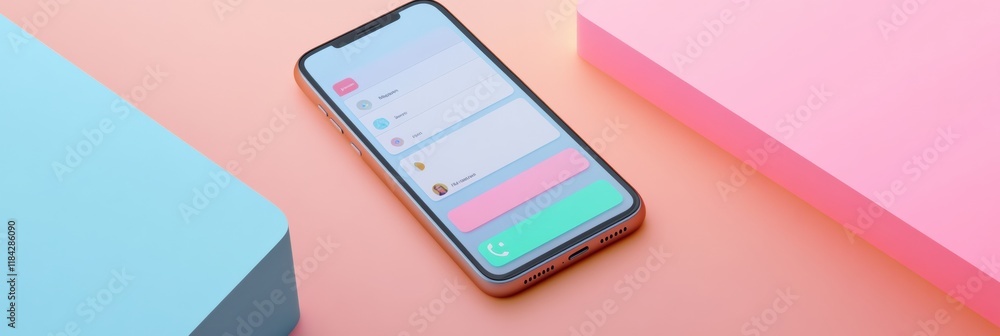 Poster close up of a modern smartphone displaying a colorful messenger chat on a pastel background during d