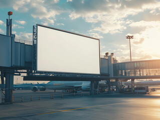 Large blank billboard at an airport terminal during sunset hours with planes parked nearby