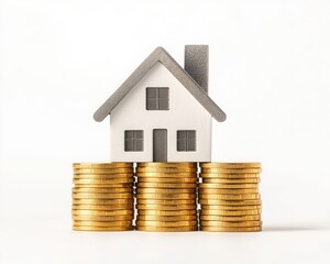 A miniature house model placed atop stacks of gold coins, symbolizing investment in real estate and financial growth.