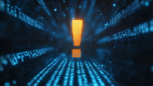 digital blue exclamation mark icon with glowing data streams, ai in alert systems, anomaly detection algorithms, emergency response coordination
