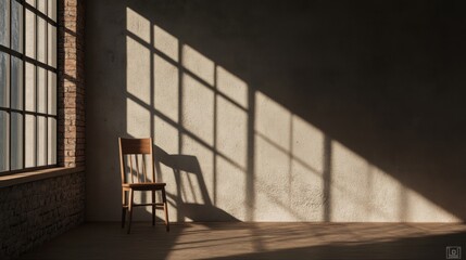 Obraz premium Sunlit room with chair, brick wall, large window, and shadows.