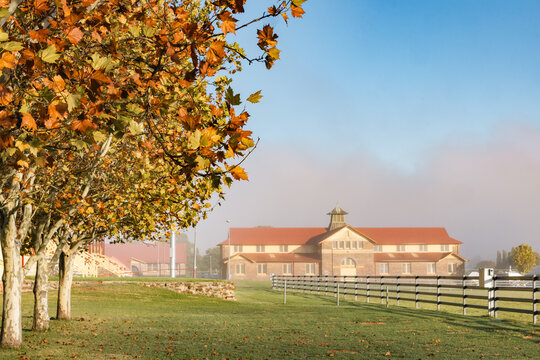 Historic Armidale Showground Pavilion on foggy autumn morning