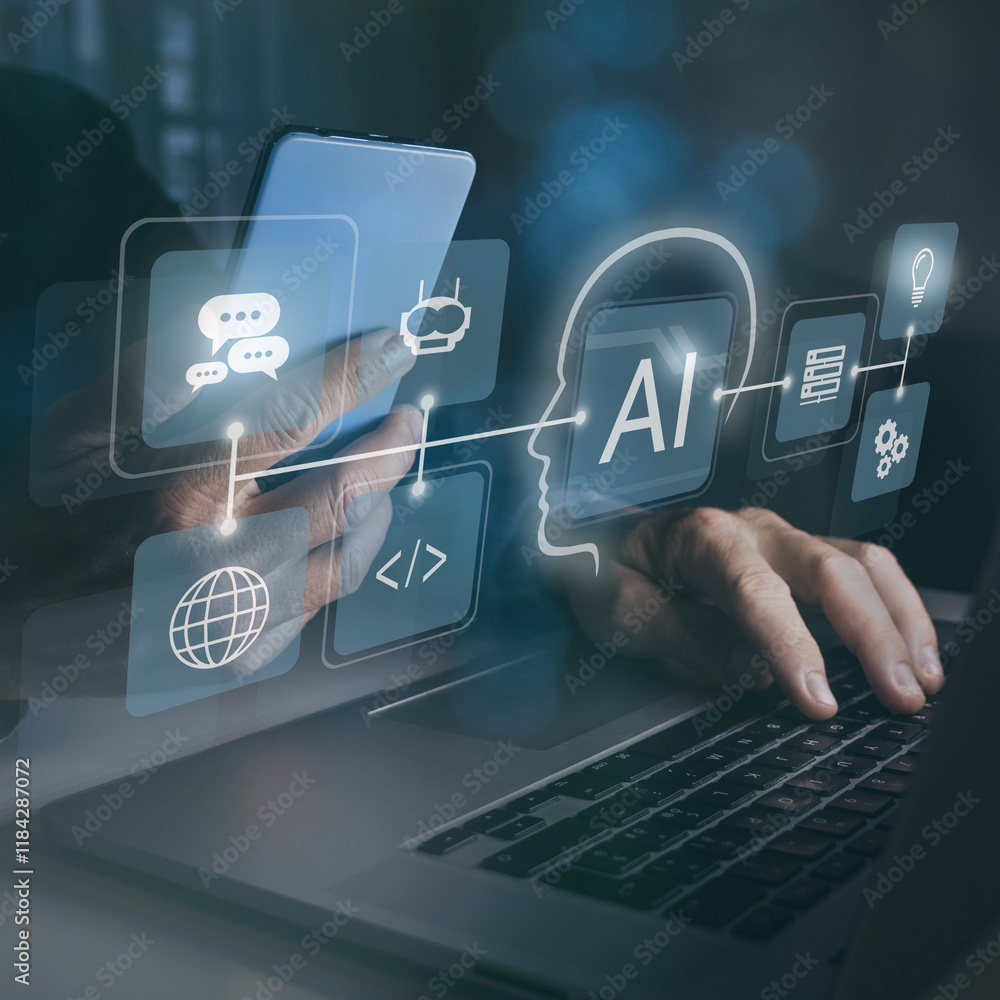 Wall mural man using virtual screen on laptop. artificial intelligence new application, ai futuristic concept.