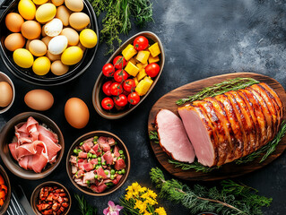 Vibrant display of fresh ingredients including ham, eggs, and vegetables ready for a culinary creation