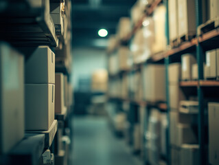 Fototapeta premium Warehouse filled with stacked boxes and shelving in a dimly lit environment