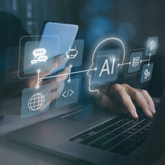 Man using virtual screen on laptop. Artificial intelligence new application, AI futuristic concept.