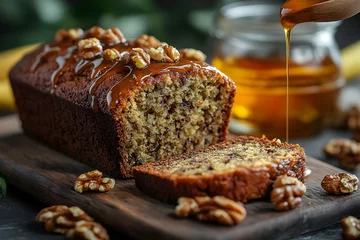 Selbstklebende Fototapeten Close-up of a moist banana bread loaf, glazed with honey and topped with walnuts. A slice is cut and served on a rustic wooden board. © AgungRikhi