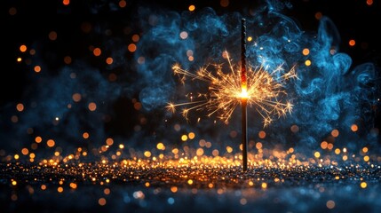 A glowing sparkler emits bright sparks against a dark, smoky background.