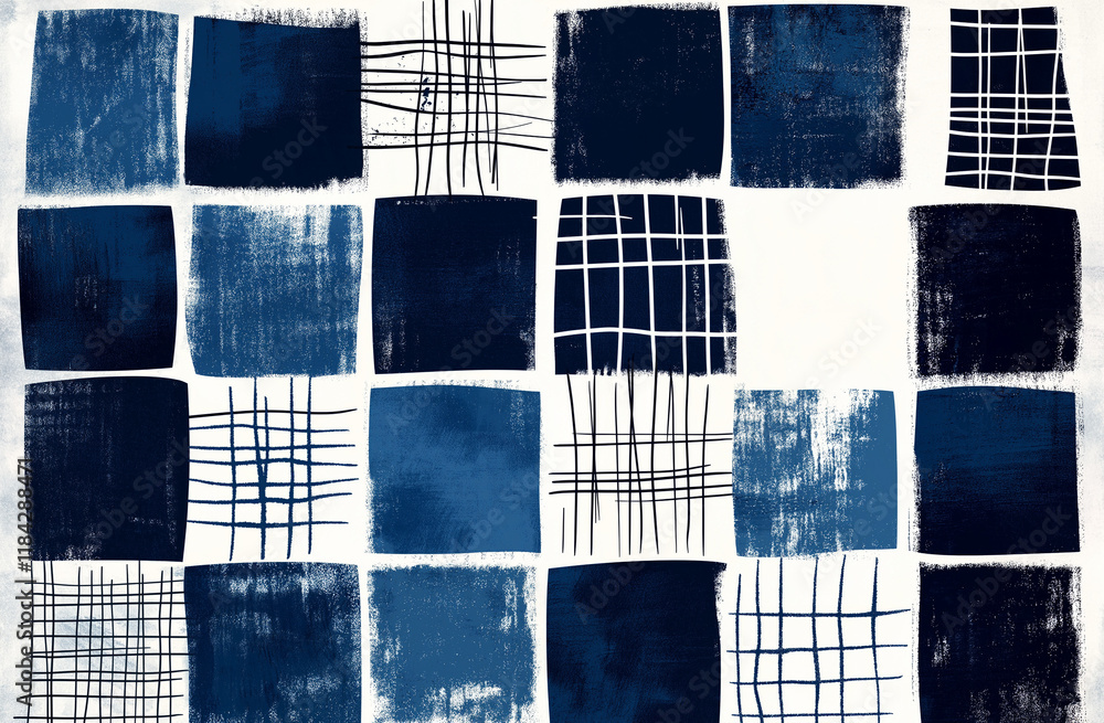 Poster minimalist watercolor block print line art – white and indigo geometric patterned grid design for mo