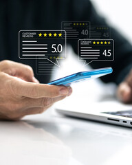 Customer review satisfaction feedback concept. Man evaluate quality of service for business ranking