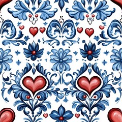 Ornate Floral seamless pattern with Hearts in Blue and Red Tones on a White Background for Elegant Decor
