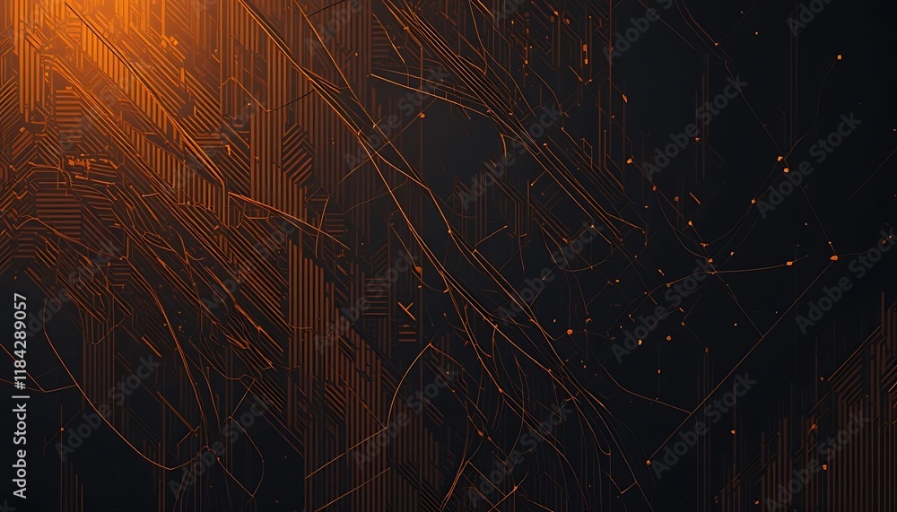 Poster abstract orange lines and geometric patterns on dark background