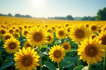 Obraz premium Vast field of vibrant sunflowers in full bloom, sunflower field, bright yellow, flowers