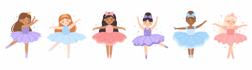 Set of girls ballerinas. Princess ballerinas dance. Flat vector illustration.
