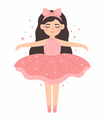 Dancing cute princess ballerina in a pink dress. Flat vector illustration.