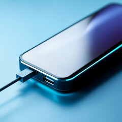 Modern Smartphone Charging with Subtle Blue Light. A close-up, minimalist shot of a sleek, modern smartphone being charged.