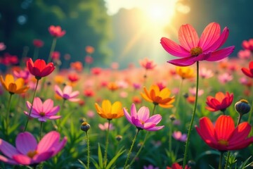 Vibrant cosmos field, sunlit petals bursting with color , picture, field, red