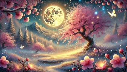 A Magical Night of Snow and Cherry Blossoms Beneath a Golden Moonlit Sky