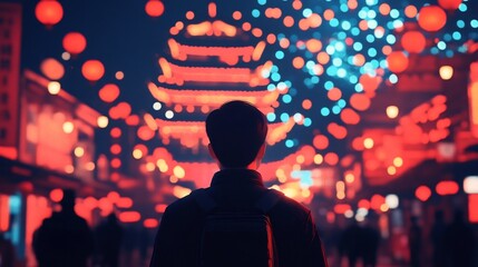 Vibrant Fireworks Explode Over Festive Chinese Street Market at Night