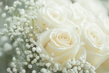 Fototapeta premium A stunning arrangement of white roses and soft blooms captures the essence of purity and elegance.