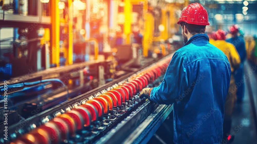 Poster a worker in a blue uniform inspects a production line with red apples in a factory setting, showcasi