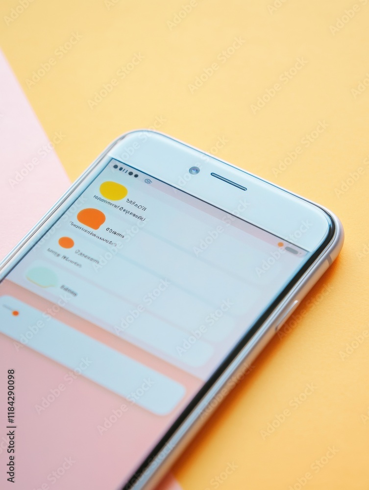 Poster close up view of a modern smartphone screen displaying a messenger chat in a bright and minimalist s