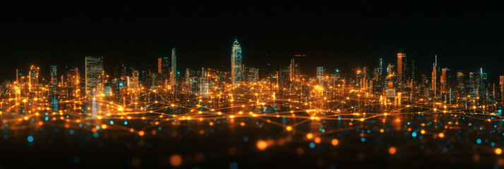 Obraz premium futuristic cityscape with buildings connected by digital pathways. integration technology , network of digital lines connecting 