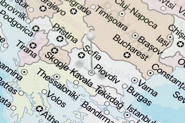 Macro photo of a white pin needle into Plovdiv city of Bulgaria political map 