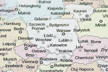 Close up to a Poland political map with most important cities and country frontiers