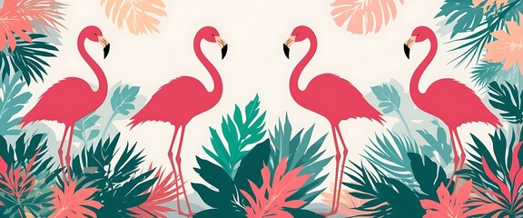 Obraz premium Pink Flamingos Standing Among Tropical Leaves and Plants