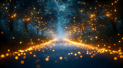 Naklejka premium Enchanted Forest Path at Night with Glowing Lights and Magical Atmosphere