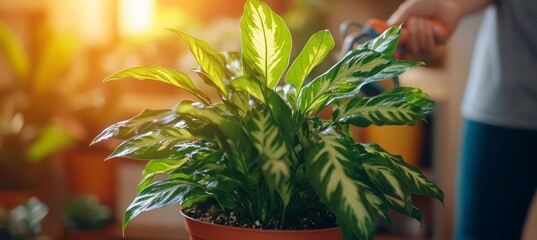 Woman Tending to Lush Indoor Plants, Close-Up of Greenery and Home Gardening in Sunlight