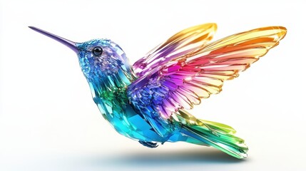 Obraz premium Vibrant Crystal Hummingbird Sculpture with Multicolored Wings on a Light Background Capturing Elegance and Artistry