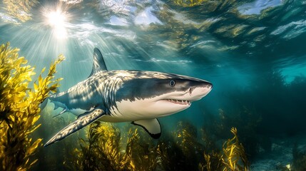 Fototapeta premium Shark swimming underwater near a coral reef in a clear ocean. Marine wildlife and underwater exploration concept