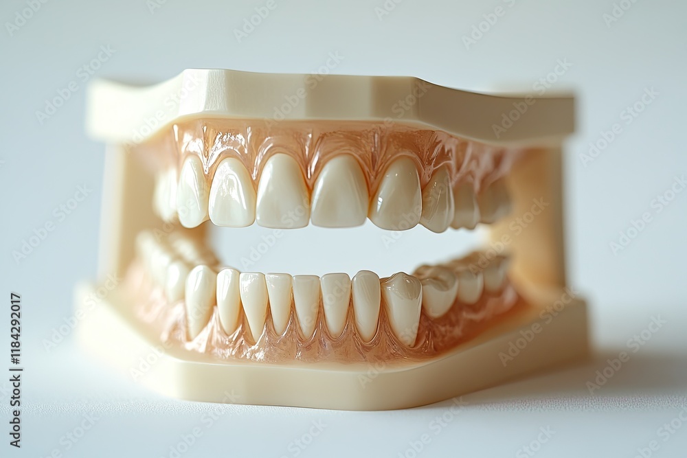 Poster close-up of dental bridge model on solid white background with its details illuminated by soft light