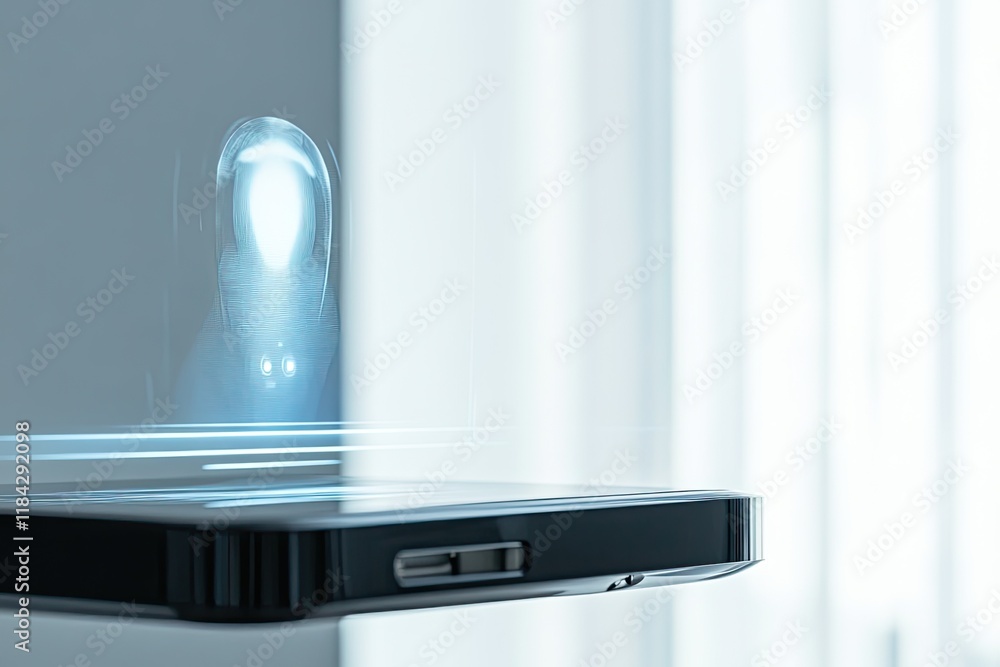 Poster close-up of digital assistant hologram projected from sleek device emphasizing ai integration
