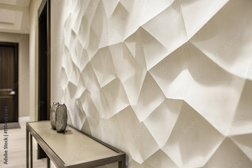 Poster close-up of textured wall featuring geometric patterns with sleek console table and modern decor bel